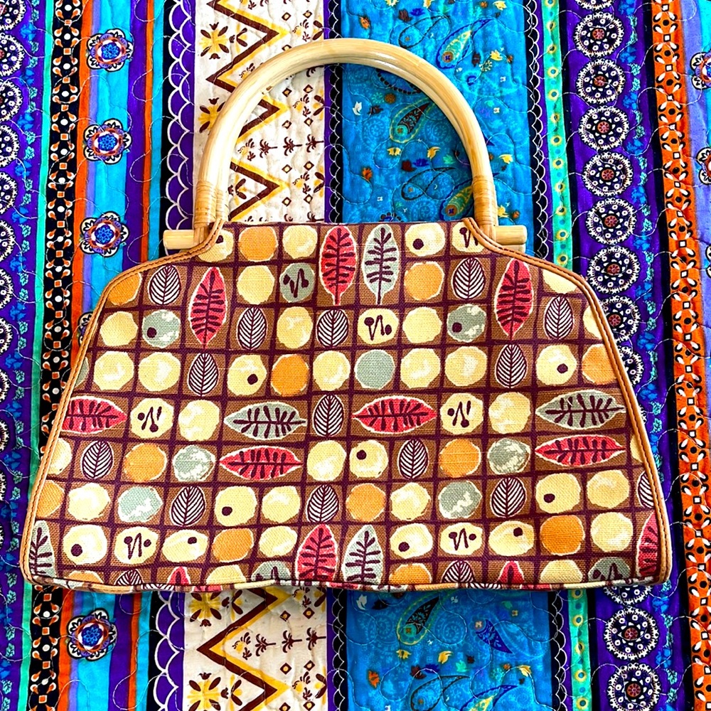Vintage Boho Fossil Purse with Wood/Wicker Handles and Leaf Pattern